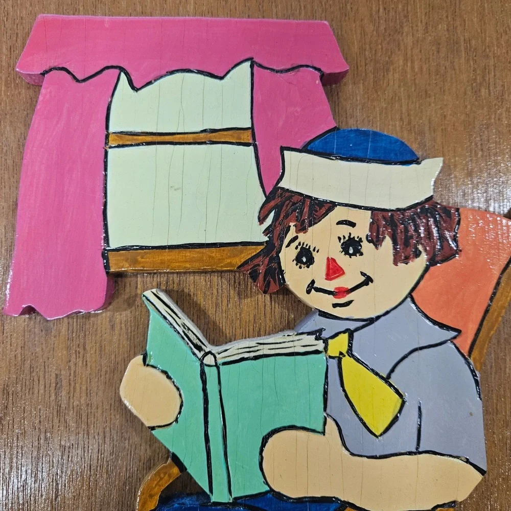 Vintage‎ Raggedy Ann & Andy Hand Painted and Cut Wooden 3D Art Set of 2